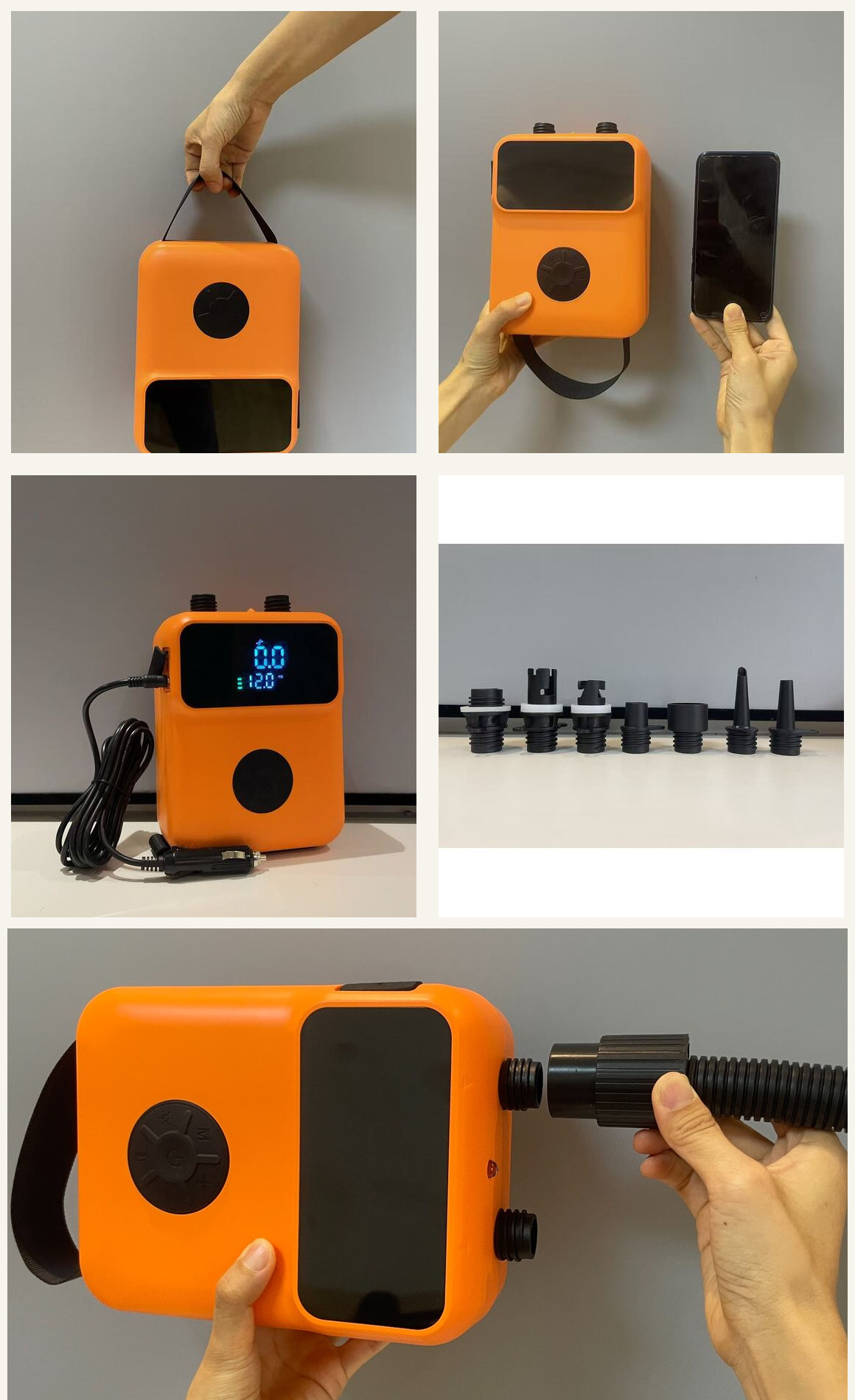 M02PRO carry handle, compact size, 12V cable, seven nozzles and hose connection