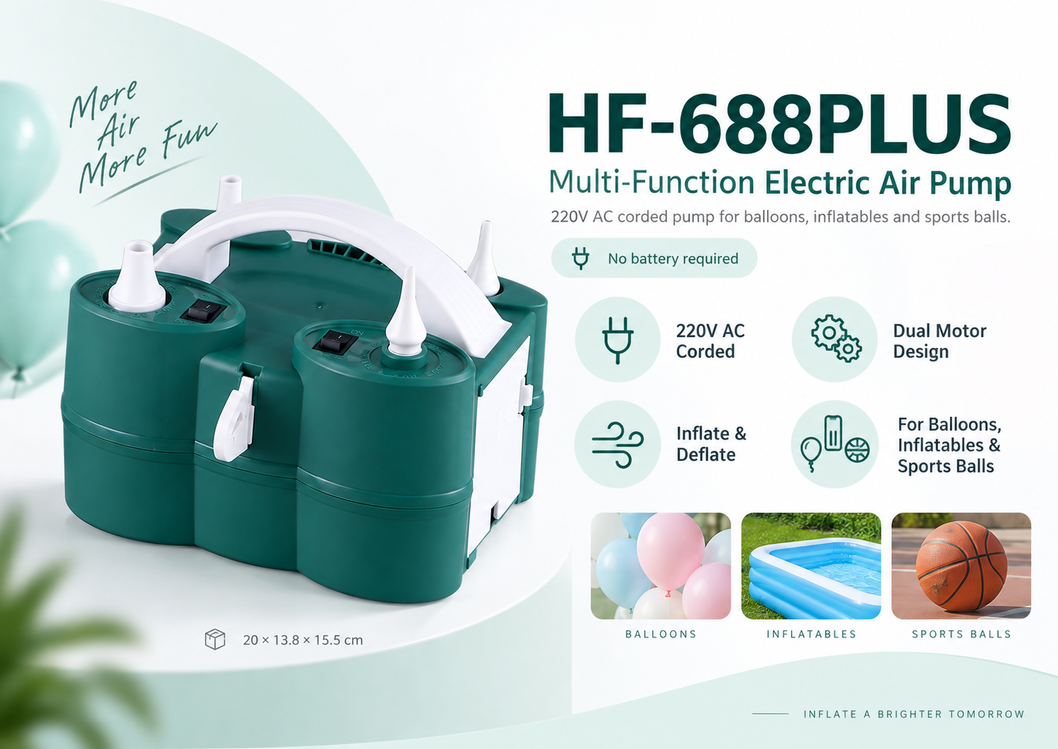 HF-688PLUS dual motor electric air pump for balloons, inflatables and sports balls