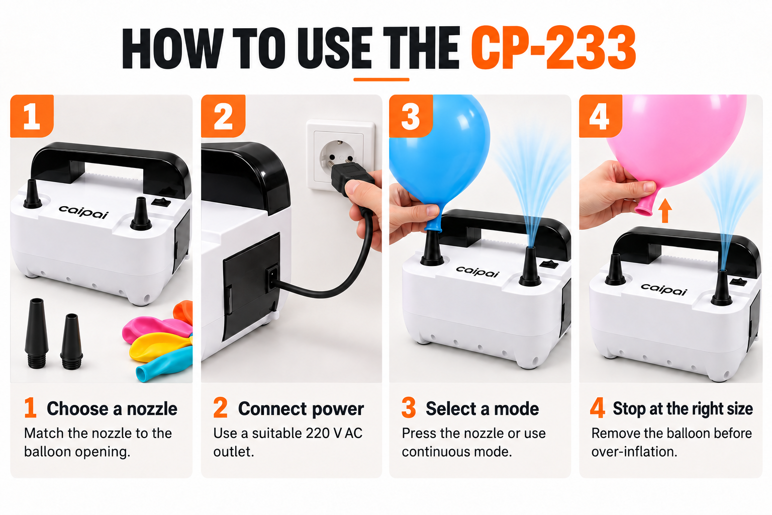 How to use the CP-233 1200W Dual-Nozzle Electric Balloon Inflator – 3.5 PSI