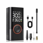 ATJ-005 cordless tire inflator with hose, charging cable and valve adapters