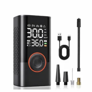 ATJ-005 cordless tire inflator with hose, charging cable and valve adapters