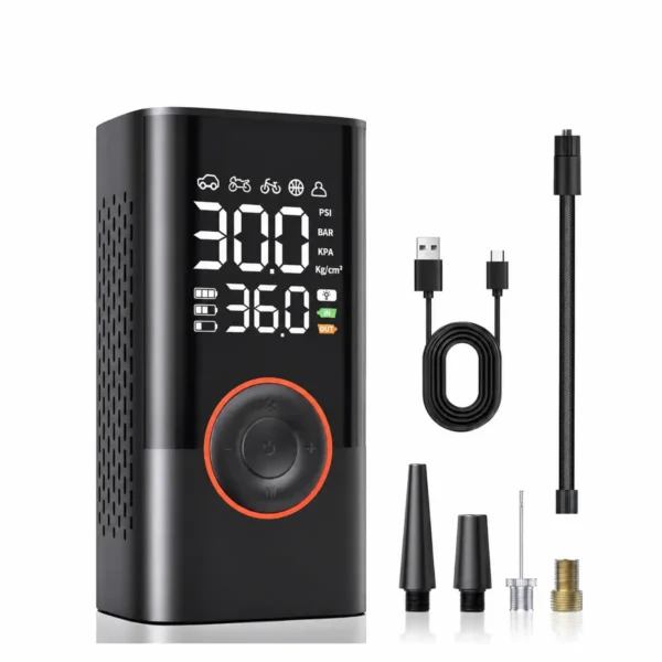 ATJ-005 cordless tire inflator with hose, charging cable and valve adapters